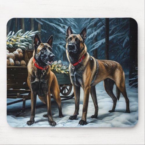 Belgian Malinoi Snowy Sleigh Christmas Decor Mouse Pad