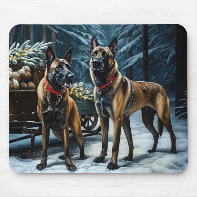 Belgian Malinoi Snowy Sleigh Christmas Decor Mouse Pad (Front)