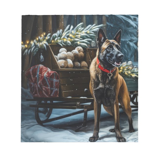 Belgian Malinoi Snowy Sleigh Christmas Decor Notepad (Front)