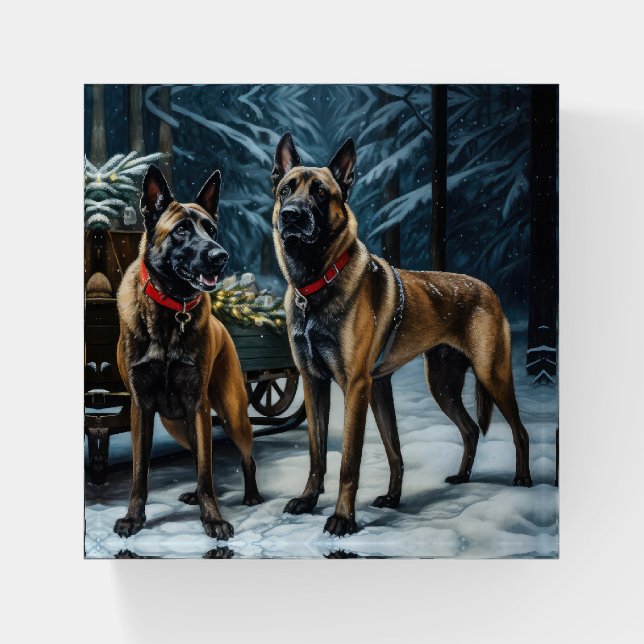 Belgian Malinoi Snowy Sleigh Christmas Decor Paperweight (Front)