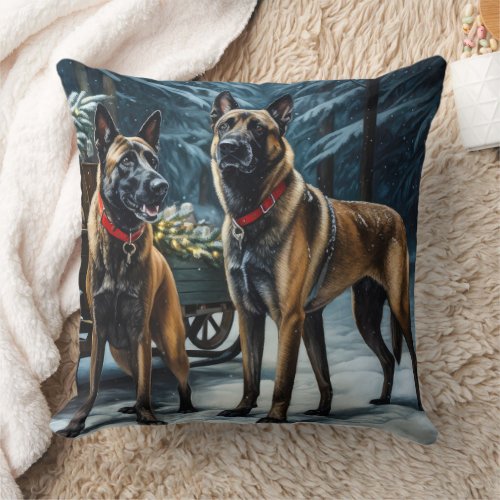 Belgian Malinoi Snowy Sleigh Christmas Decor Throw Pillow