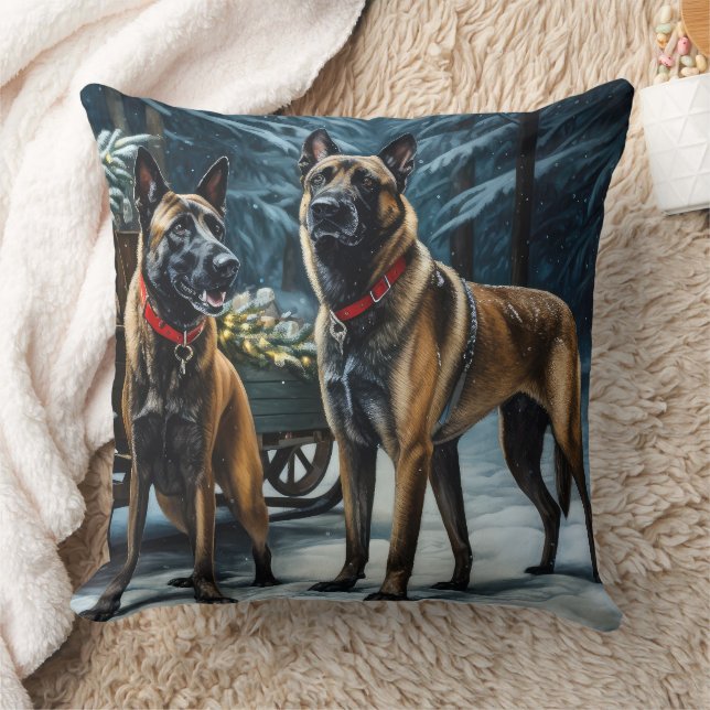 Belgian Malinoi Snowy Sleigh Christmas Decor Throw Pillow (Blanket)