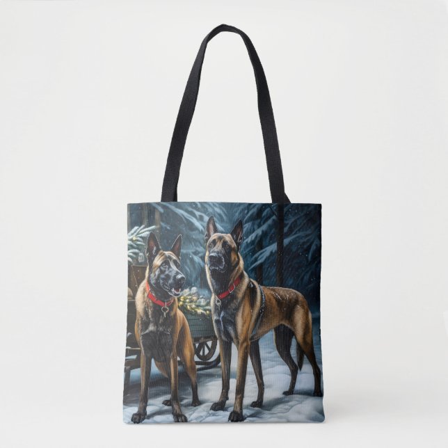 Belgian Malinoi Snowy Sleigh Christmas Decor Tote Bag (Front)