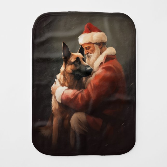 Belgian Malinoi With Santa Claus Festive Christmas Baby Burp Cloth (Front)