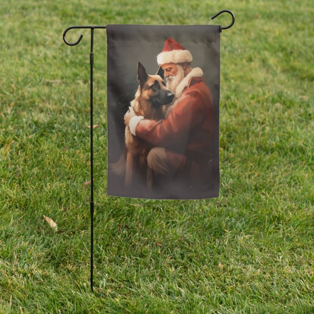 Belgian Malinoi With Santa Claus Festive Christmas Garden Flag (In SItu)