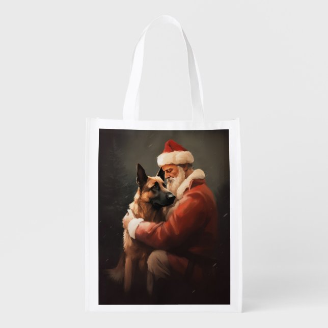 Belgian Malinoi With Santa Claus Festive Christmas Grocery Bag (Front)