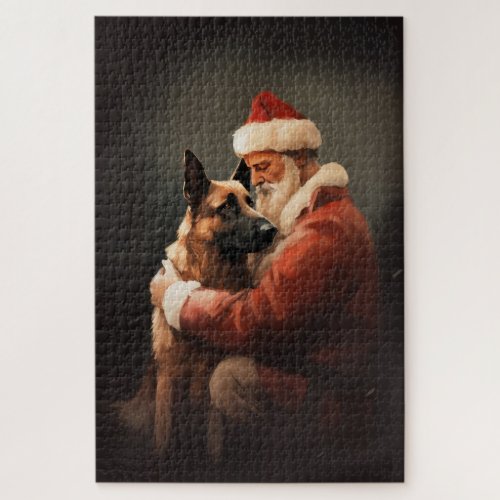 Belgian Malinoi With Santa Claus Festive Christmas Jigsaw Puzzle