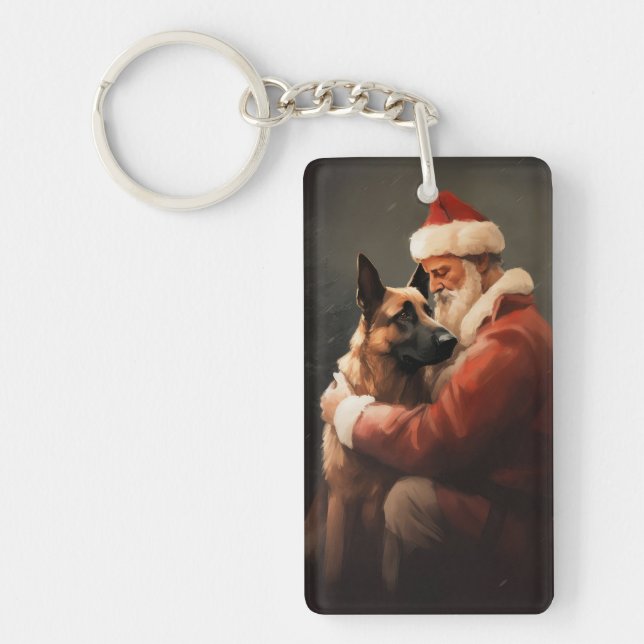 Belgian Malinoi With Santa Claus Festive Christmas Keychain (Front)