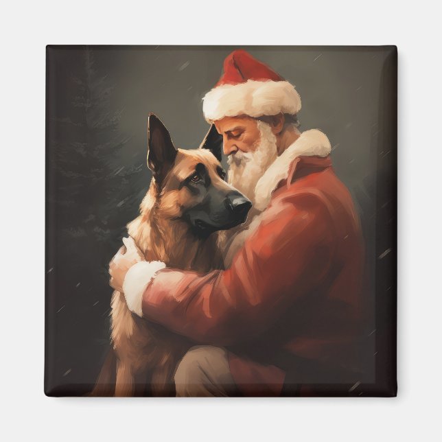 Belgian Malinoi With Santa Claus Festive Christmas Magnet (Front)