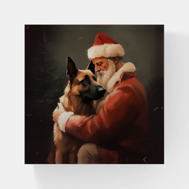 Belgian Malinoi With Santa Claus Festive Christmas Paperweight (Front)