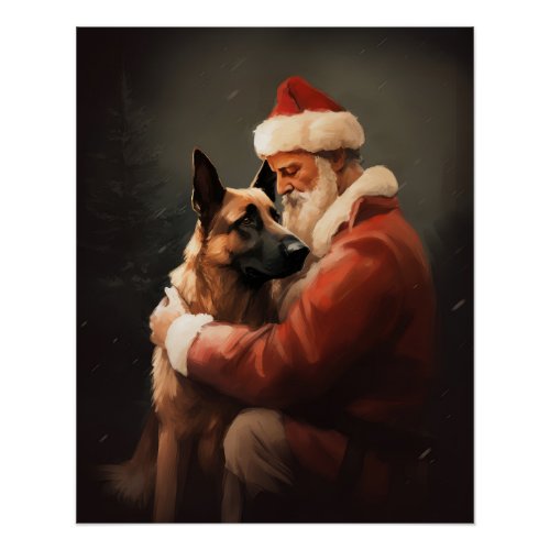 Belgian Malinoi With Santa Claus Festive Christmas Poster
