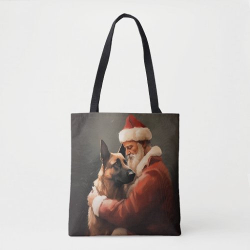 Belgian Malinoi With Santa Claus Festive Christmas Tote Bag