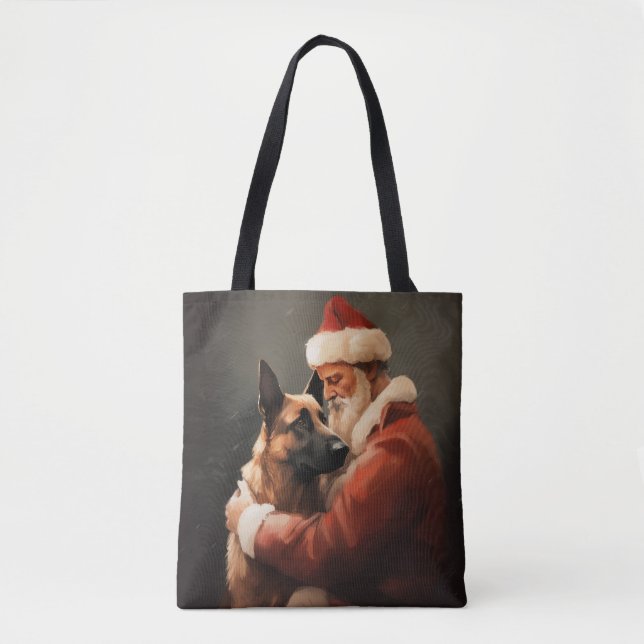 Belgian Malinoi With Santa Claus Festive Christmas Tote Bag (Front)