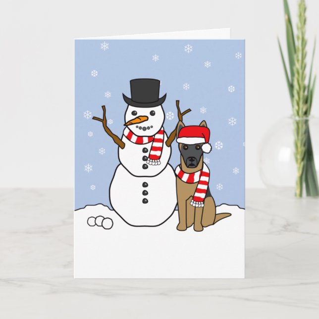 Belgian Malinois and Snowman Holiday Card (Front)