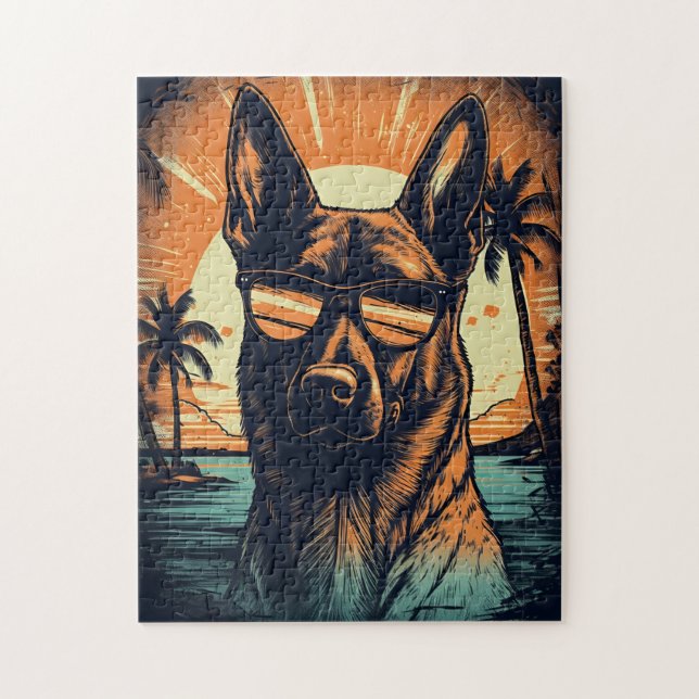 Belgian Malinois at a tropical beach during sunset Jigsaw Puzzle (Vertical)