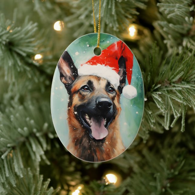 Belgian Malinois Christmas brush painting artwork Ceramic Ornament (Tree)