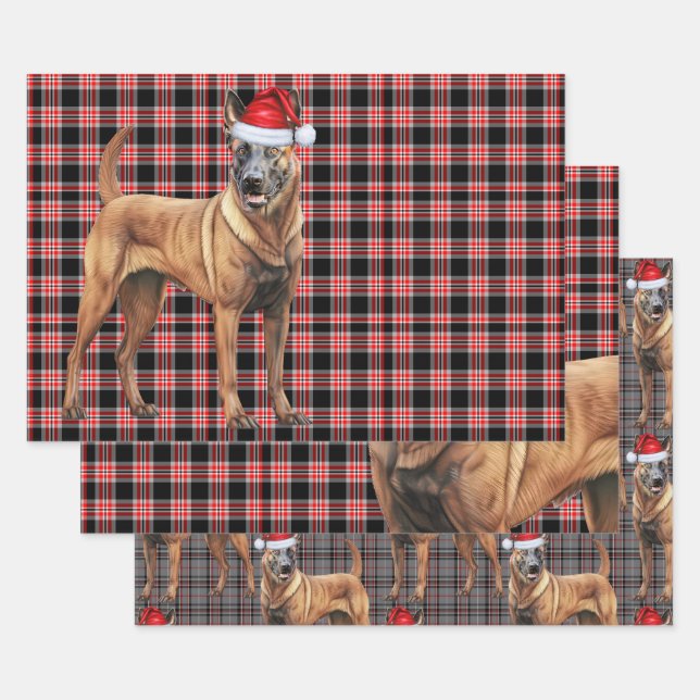 Belgian Malinois Christmas Dog Red Holiday Plaid Wrapping Paper Sheets (Set)