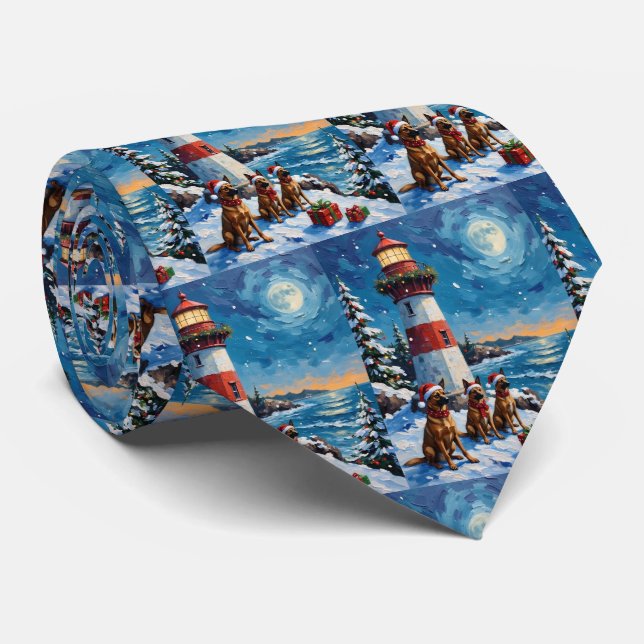 Belgian Malinois Christmas Lighthouse Holiday Neck Tie (Rolled)