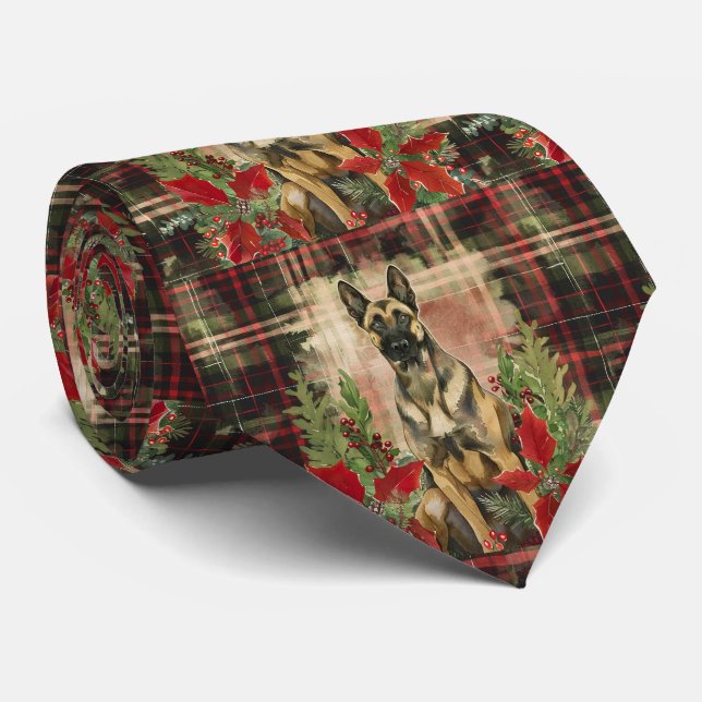 Belgian Malinois Christmas Plaid Neck Tie (Rolled)