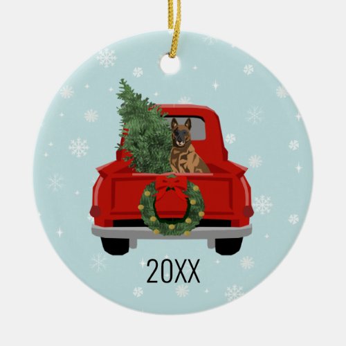 Belgian Malinois Christmas red truck Ceramic Ornament