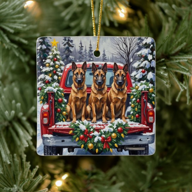 Belgian Malinois Christmas Red Truck Holiday Ceramic Ornament (Tree)