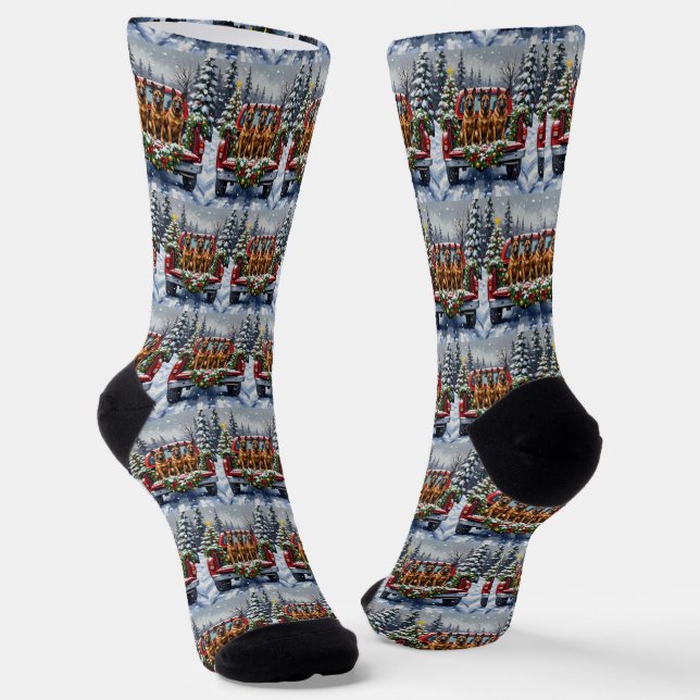 Belgian Malinois Christmas Red Truck Holiday Socks (Angled)