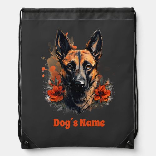 Belgian Malinois Color Portrait Silhouette Drawstring Bag