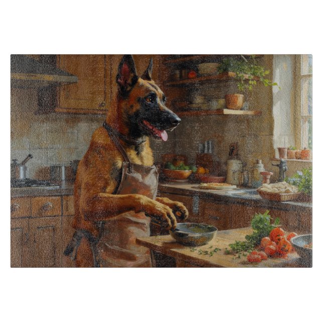 Belgian Malinois Cooking in Kitchen Cutting Board (Front)