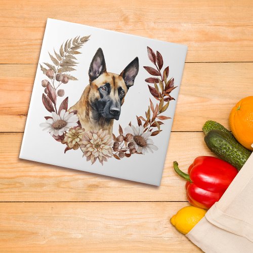 Belgian Malinois Dog Autumn Wreath Ceramic Tile