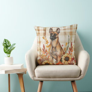 Belgian Malinois Dog Fall Watercolor Flowers Throw Pillow