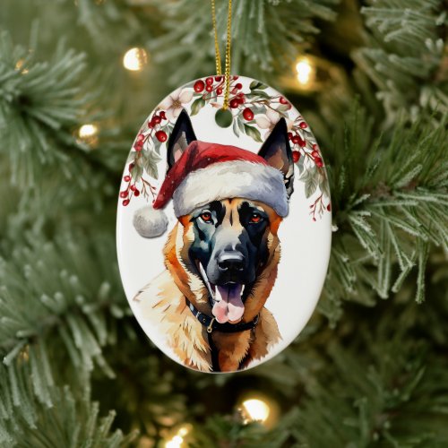 Belgian Malinois Dog Holly Berry Christmas Ceramic Ornament