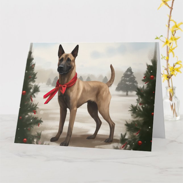 Belgian Malinois Dog in Snow Christmas Card (Yellow Flower)