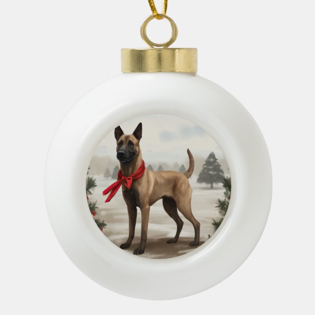 Belgian Malinois Dog in Snow Christmas Ceramic Ball Christmas Ornament (Front)