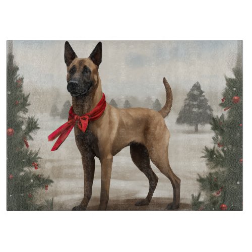 Belgian Malinois Dog in Snow Christmas Cutting Board