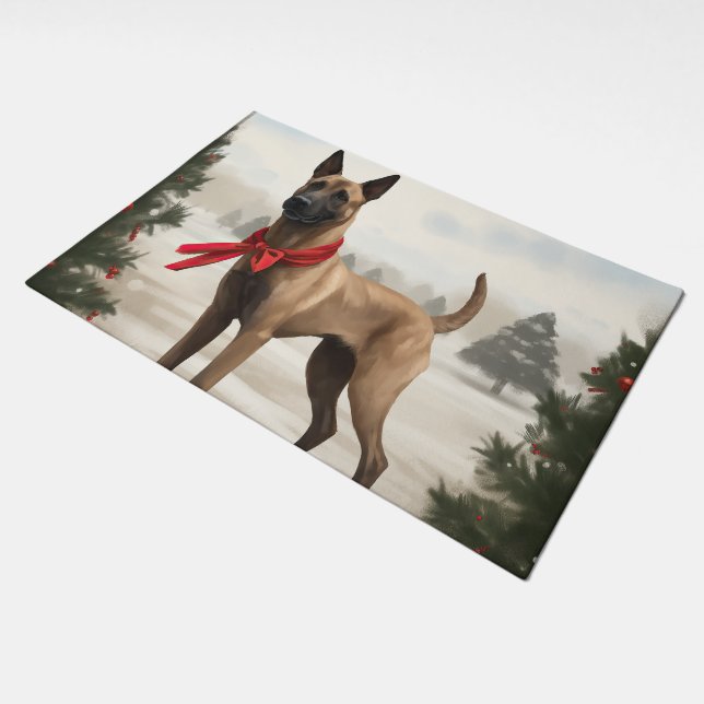 Belgian Malinois Dog in Snow Christmas Doormat (Angled)