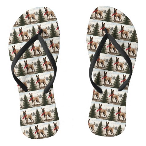 Belgian Malinois Dog in Snow Christmas Flip Flops