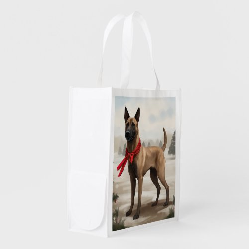 Belgian Malinois Dog in Snow Christmas Grocery Bag