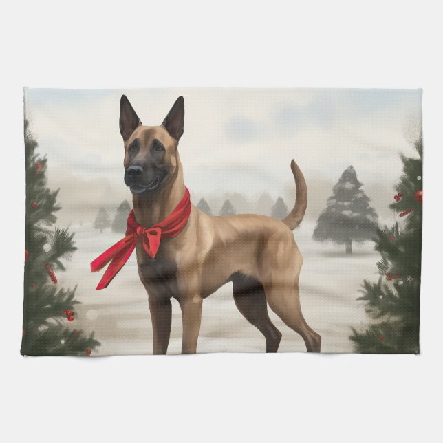Belgian Malinois Dog in Snow Christmas Kitchen Towel (Horizontal)