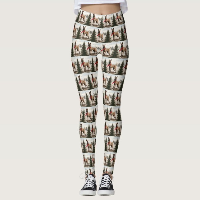 Belgian Malinois Dog in Snow Christmas Leggings (Front)