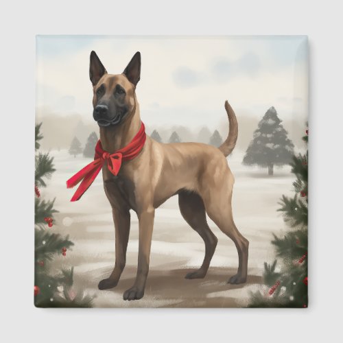 Belgian Malinois Dog in Snow Christmas Magnet