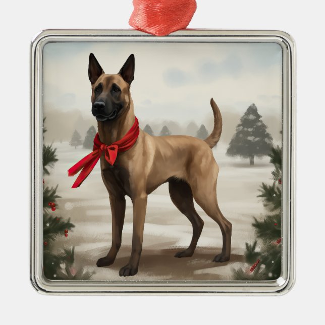 Belgian Malinois Dog in Snow Christmas Metal Ornament (Front)