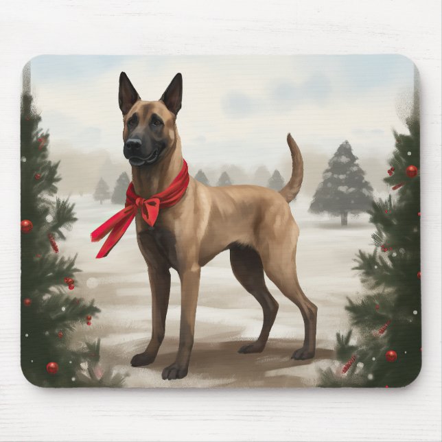 Belgian Malinois Dog in Snow Christmas Mouse Pad (Front)
