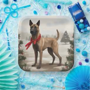 Belgian Malinois Dog in Snow Christmas Paper Plates