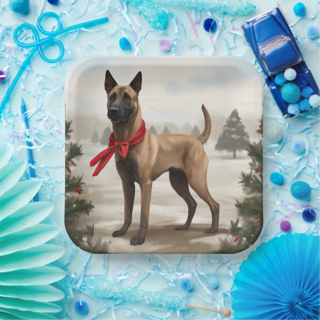 Belgian Malinois Dog in Snow Christmas Paper Plates (Party)