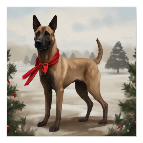 Belgian Malinois Dog in Snow Christmas Poster