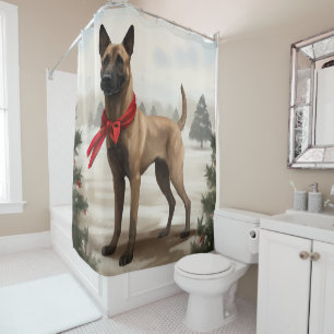 Belgian Malinois Dog in Snow Christmas Shower Curtain