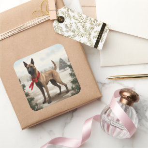 Belgian Malinois Dog in Snow Christmas Square Sticker