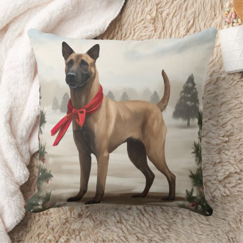 Belgian Malinois Dog in Snow Christmas Throw Pillow