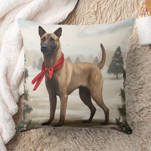Belgian Malinois Dog in Snow Christmas Throw Pillow (Blanket)