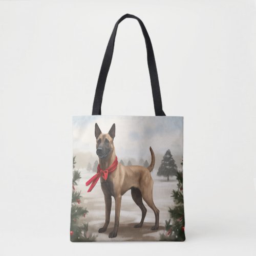 Belgian Malinois Dog in Snow Christmas Tote Bag